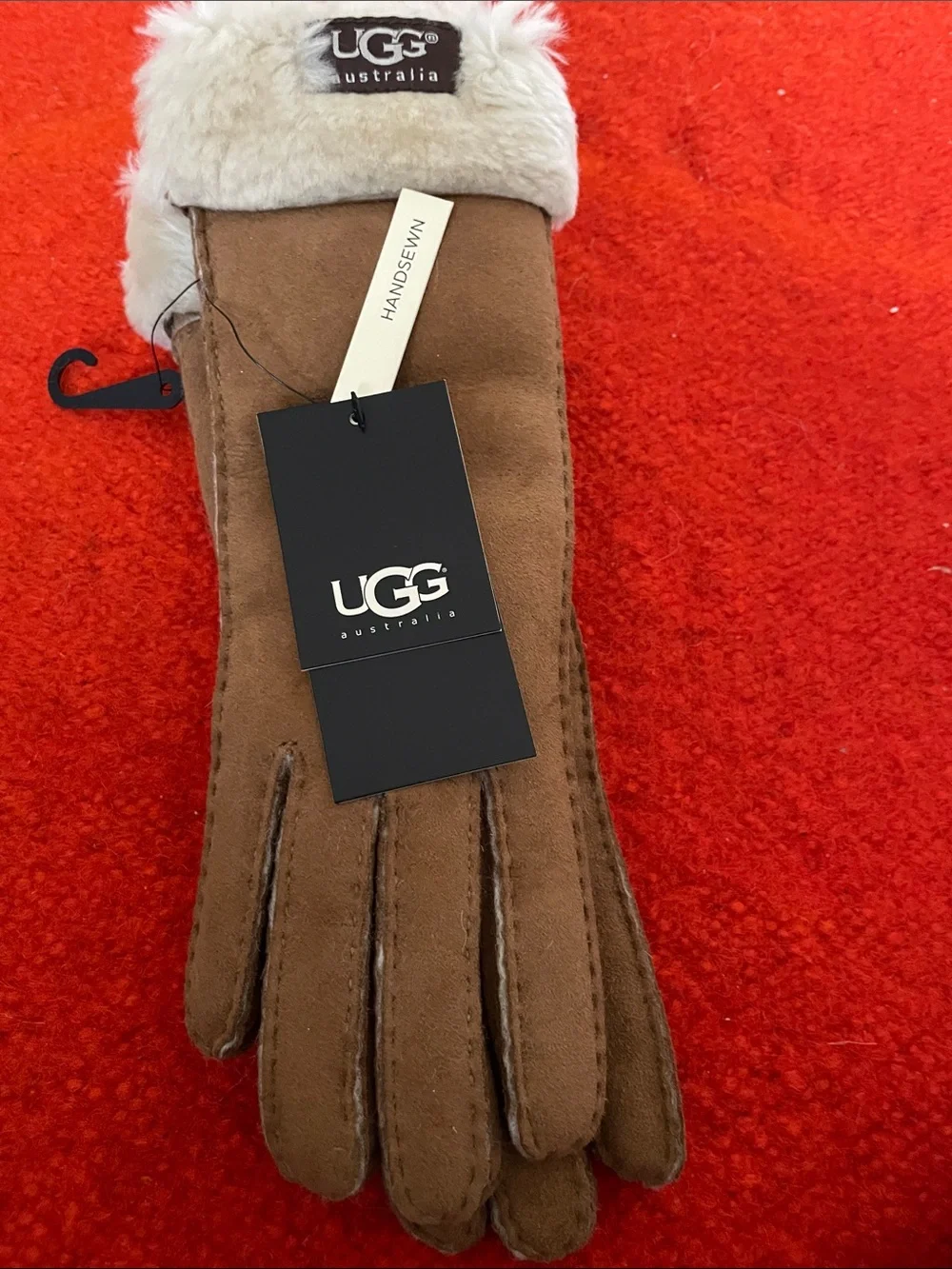 UGG Brown Suede Shearling-Trim Gloves with Cream Cuff Size Small